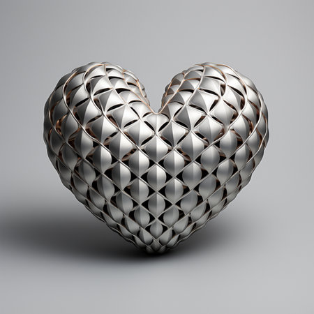 A detailed 3D render of a heart-shaped sculpture with a geometric, panel-based exterior and an interwoven metallic frame, set against a plain background.の素材
