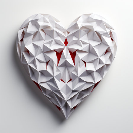 A detailed 3D rendering of a white geometric heart sculpture with sharp angles and a vibrant red interior, casting a soft shadow.の素材