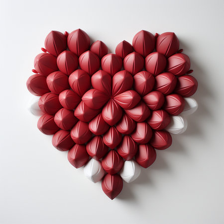 Detailed heart formation using numerous red and white petal-shaped elements, presented on a plain white backdrop.の素材