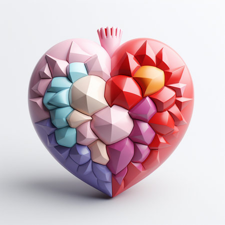 A vibrant, multifaceted heart sculpture composed of geometric shapes in a gradient of pastel colors, symbolizing love and emotional complexity.の素材