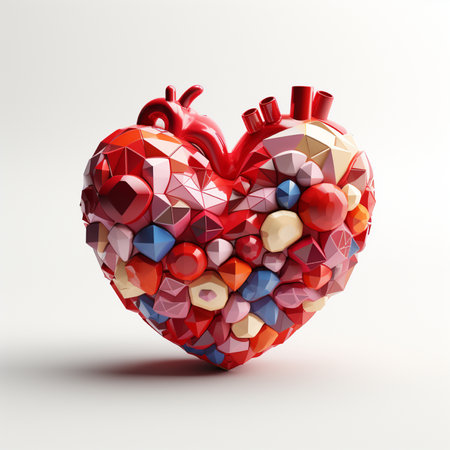 A detailed heart-shaped sculpture featuring a mosaic of vibrant, multi-faceted geometric shapes and polygonal forms, symbolizing love and emotion.の素材