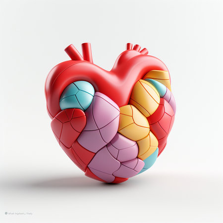 A stylized heart composed of interlocking colorful puzzle pieces, representing health, complexity, and the interconnectedness of biological systems.の素材