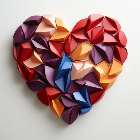 A detailed, vibrant heart shape formed from numerous folded geometric origami pieces in a variety of rich colors.の素材