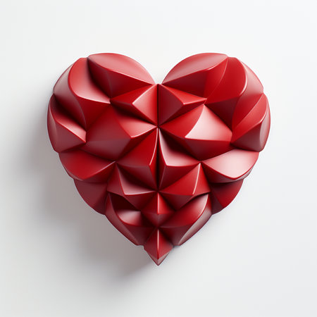 A detailed 3D rendered sculpture of a red heart with complex geometric facets, presented against a neutral white backdrop.の素材