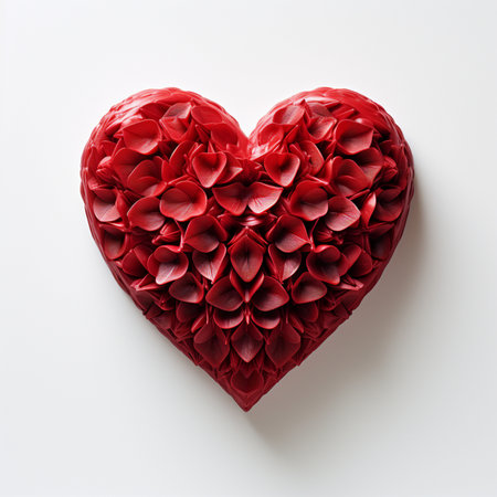 A detailed 3D render of a vibrant red heart sculpture covered in textured petal-like forms, set against a simple white backdrop.の素材