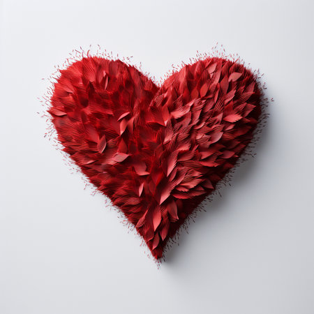 A detailed heart shape crafted from vibrant red feathers, symbolizing love and passion, set against a plain white background.の素材