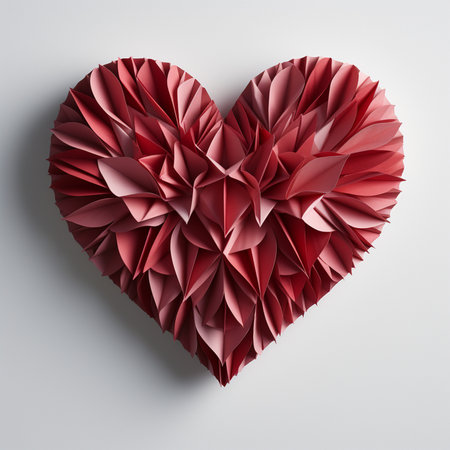 A detailed red paper heart, crafted with layered petal-like folds, is presented against a plain white backdrop, showcasing its unique texture and form.の素材