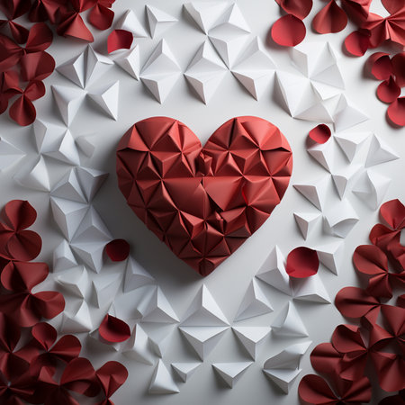 A striking, geometrically folded origami heart crafted from red paper, set against a backdrop of white origami shapes and scattered red petals.の素材