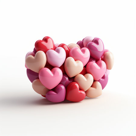 A collection of glossy heart-shaped objects in different sizes and colors, including pink, red, and peach, arranged in a pile on a clean white surface.の素材