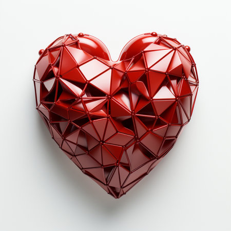 A striking 3D rendering of a red heart sculpture with a complex geometric, faceted surface and an intricate wireframe structure, symbolizing love and passion.の素材