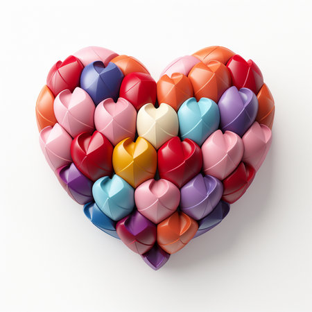 Heart made of colorful hearts on white background. 3D illustration.の素材