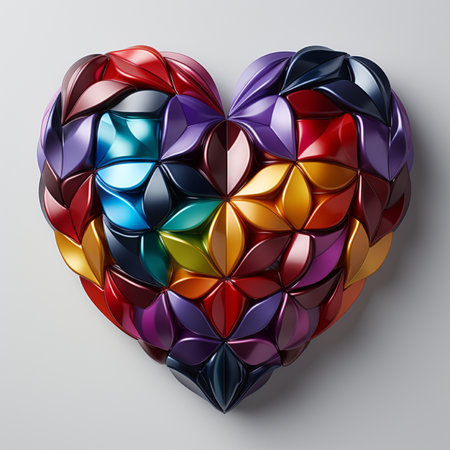 A vibrant heart crafted from overlapping, glossy geometric shapes resembling petals in a rainbow of metallic colors, set against a clean white backdrop.の素材