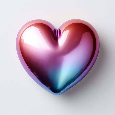 A gleaming metallic heart sculpture with a vibrant pink, red, and blue iridescent gradient, symbolizing love, presented isolated on a clean white backdrop.の素材