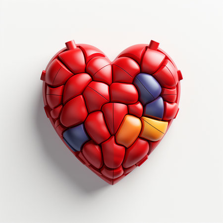 3D rendering of a heart made up of red, blue, and yellow spheresの素材