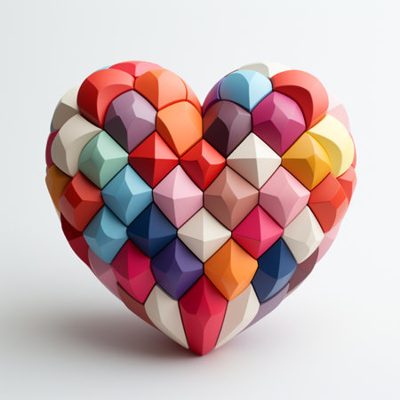 Heart made of colorful geometric shapes, 3d rendering. Computer digital drawing.の素材