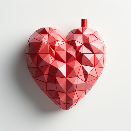 Heart made of red polygonal geometric shapes on white background. 3d renderingの素材