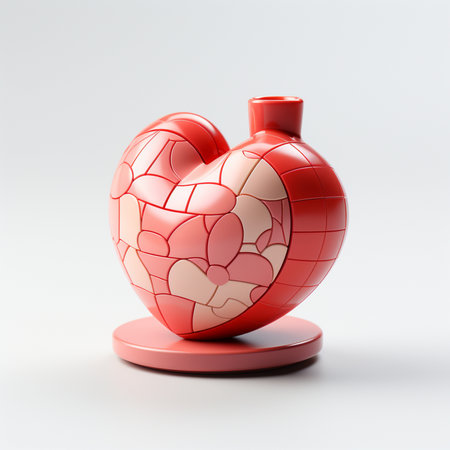 Red ceramic vase in the shape of a heart on a white backgroundの素材
