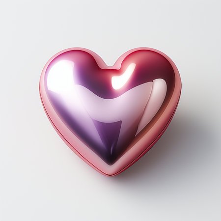 A stunning 3D rendered heart shape with a metallic pink and purple gradient finish, casting a subtle shadow on a clean white background.の素材