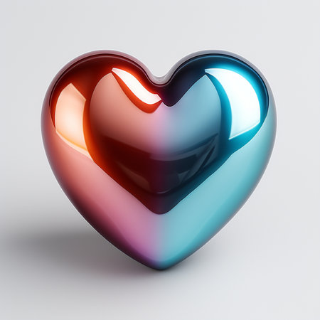 A polished, heart-shaped object with a metallic sheen, displaying a gradient of red, blue, and pink hues, lit by studio lights on a plain background.の素材