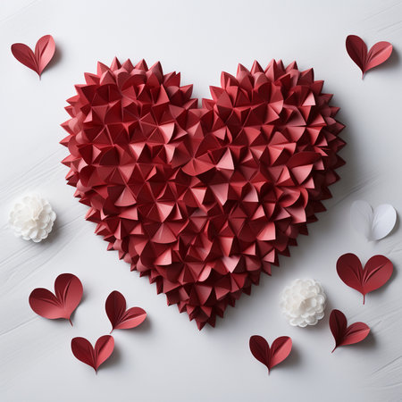 Valentine's day greeting card. Red origami heart on white wooden background.の素材