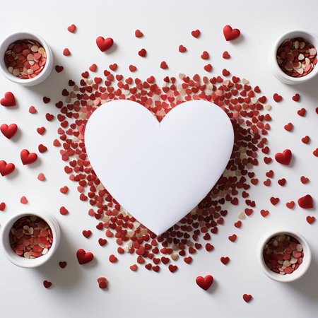 Valentine's day background with red hearts and white heart on white backgroundの素材