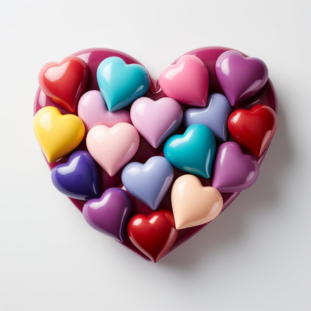 Colorful hearts in heart shaped box on white background, top viewの素材