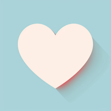 A delicate peach heart, rendered in a flat design style with a soft shadow and a hint of red glow, presented against a calming light blue backdrop.の素材