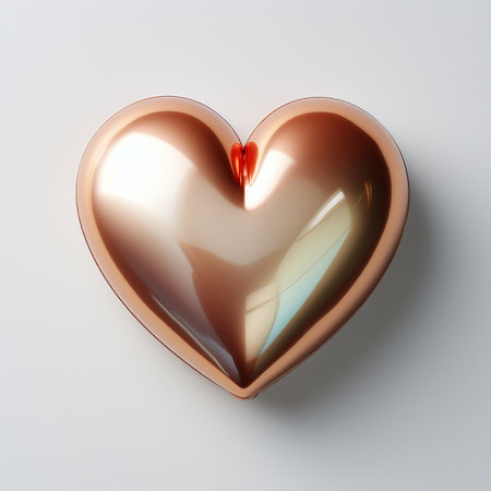A lustrous rose gold heart shape with a small red detail at the top, displayed on a clean white surface with soft studio lighting.の素材