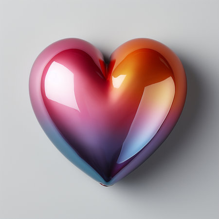 A glossy, heart-shaped object with a smooth, flowing gradient of pink, orange, and blue colors, set against a plain light gray backdrop.の素材