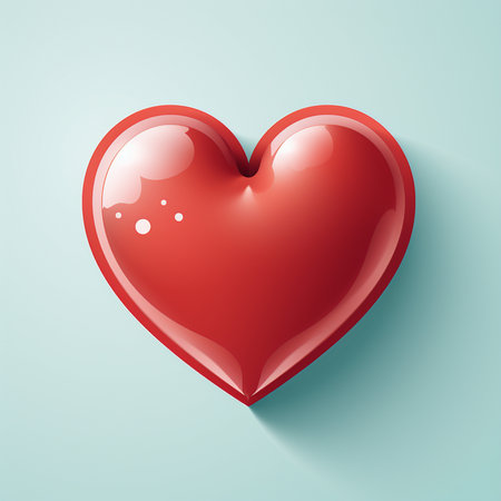 A glossy red heart symbol with bright highlights and a soft shadow, set against a plain light blue background. Perfect for themes of love and romance.の素材