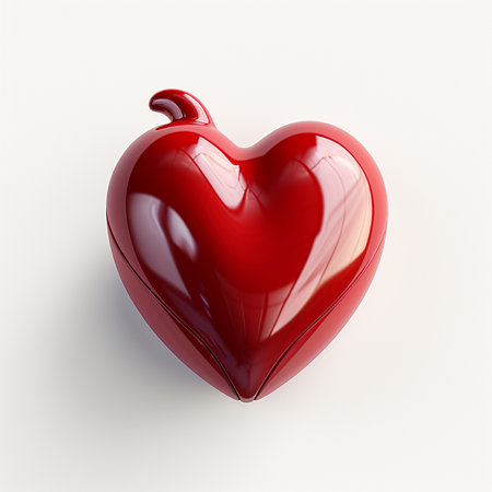 A glossy, bright red heart-shaped box with a distinctive curled handle, representing love, romance, and affection.の素材