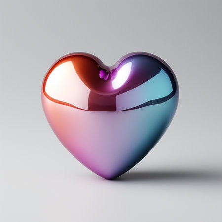 A glossy, heart-shaped object featuring a mesmerizing color gradient from warm orange to cool blue, set against a neutral backdrop.の素材