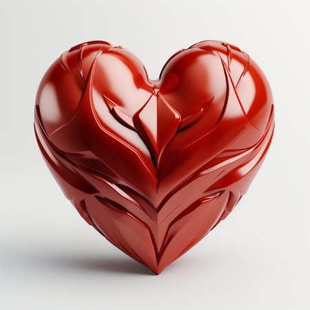 A 3D rendered, deep red heart sculpture featuring organic, flowing textures and a highly polished, reflective finish on a clean white background.の素材