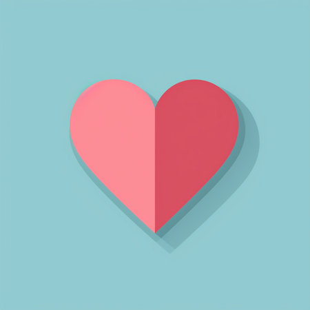 A simple, graphic illustration of a two-toned heart with a subtle drop shadow on a solid light blue background.の素材