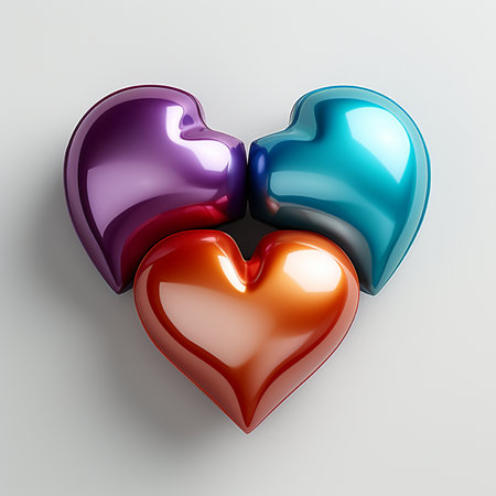 Three glossy, metallic heart shapes in purple, blue, and orange, arranged in a circular, interconnected pattern on a plain white background.の素材