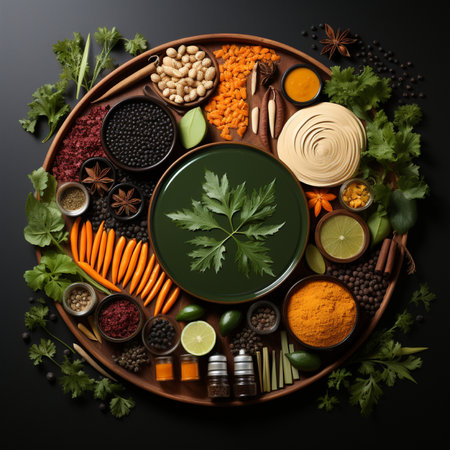 A vibrant overhead shot of a wooden tray displaying a diverse collection of fresh ingredients, spices, herbs, and vegetables for culinary use.の素材