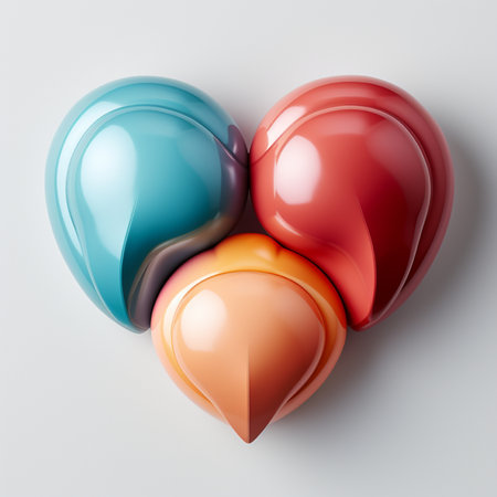 Three smooth, stylized heart shapes in blue, red, and orange arranged together on a white background, representing unity and love.の素材