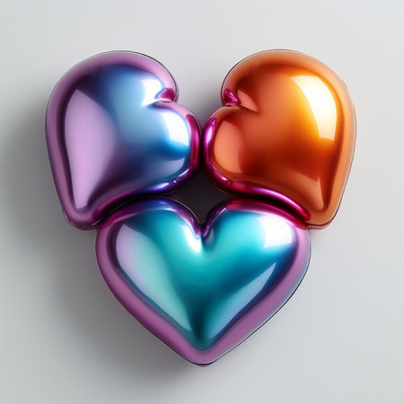 A close-up of three shiny, metallic heart shapes with iridescent color gradients, arranged together on a clean white surface.の素材