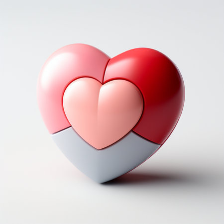 A three-dimensional heart puzzle with distinct layers in red, pink, and gray, symbolizing love, relationships, and interconnectedness.の素材