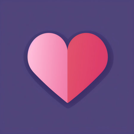 Stylized two-tone heart graphic, split pink and red, with a subtle drop shadow on a dark purple gradient backdrop.の素材