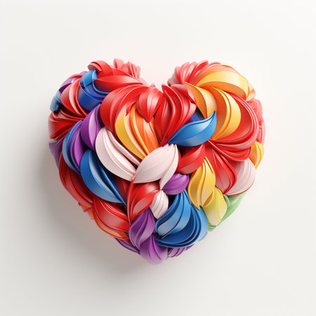 A striking abstract heart symbol, constructed from numerous small, colorful, petal-like shapes, presented on a clean white backdrop.の素材