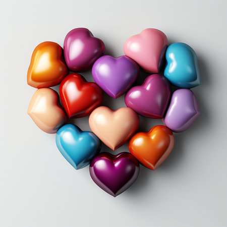 A delightful collection of colorful heart candies, meticulously arranged to form a larger heart on a pristine white surface.の素材