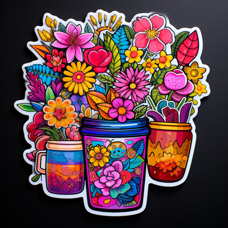 A whimsical collection of brightly colored flowers arranged in decorative jars and mugs, presented as a vibrant sticker design.の素材