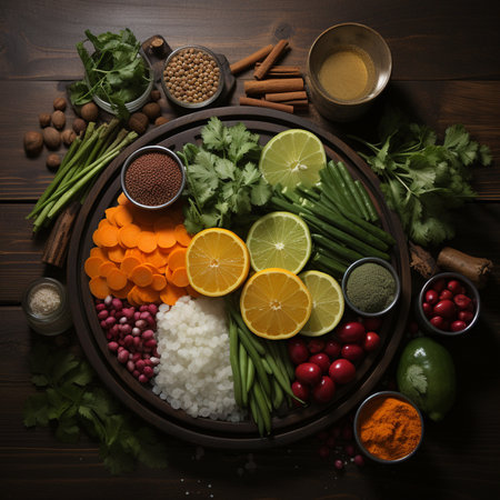 A top-down view of colorful, fresh ingredients like oranges, limes, carrots, and herbs, alongside spices, arranged on a wooden backdrop.の素材