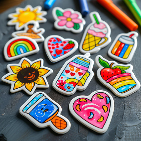 Collection of colorful and cheerful summer-themed stickers with diverse designs including nature food and abstract elements.の素材