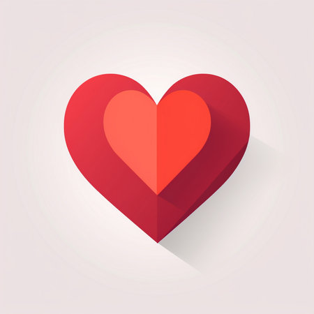 A clean, modern graphic of a red heart icon, featuring a layered design and a distinct long shadow, set against a subtle gradient background.の素材