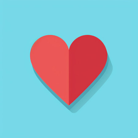 A simple, stylized red heart shape icon with a subtle shadow, set against a bright cyan blue background. Modern flat design vector illustration.の素材