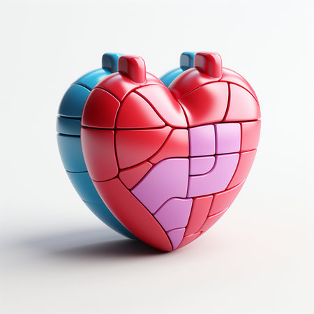 A blue and a red heart puzzle come together, symbolizing love, union, and partnership. Perfect for Valentine's Day and relationship themes.の素材