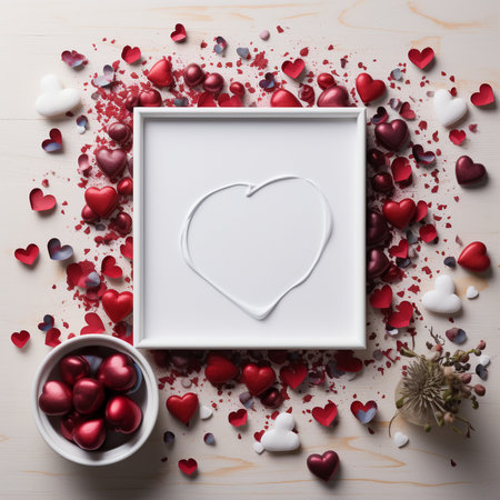 A top-down view of a Valentine's Day arrangement featuring scattered red and white hearts, confetti, and a bowl of candy.の素材