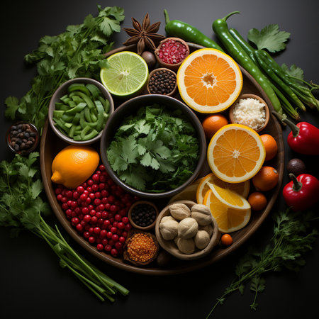 A colorful selection of fresh produce including citrus fruits, berries, herbs, chilies, and spices, beautifully presented on a rustic wooden tray.の素材